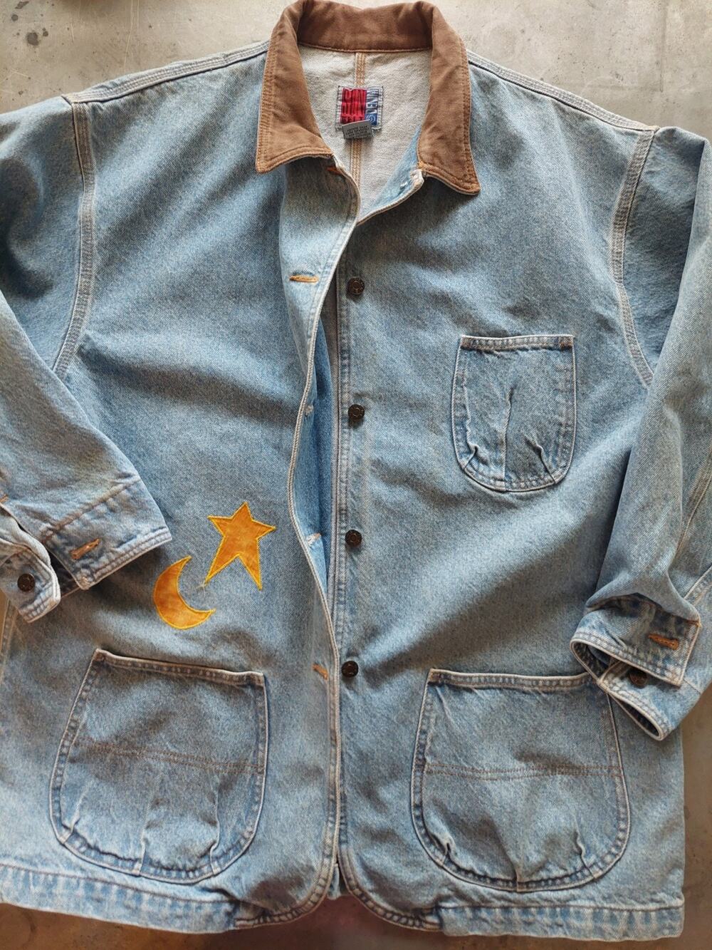 VTG Celestial Patch Denim Barn Coat Chore Jacket 90s Cottage Core Jean Jacket